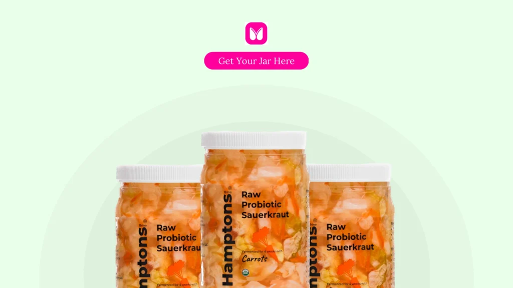 Hamptons Raw Probiotic Sauerkraut with Carrots – Naturally fermented for 4 weeks, rich in probiotics, and organic, displayed in clear glass jars.