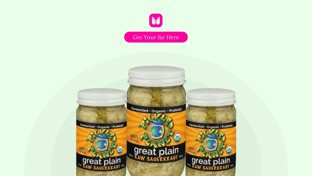 Best Sauerkraut for Gut Health – Pickled Planet Great Plain Raw Sauerkraut, a 100% organic, fermented, and probiotic-rich product in glass jars.