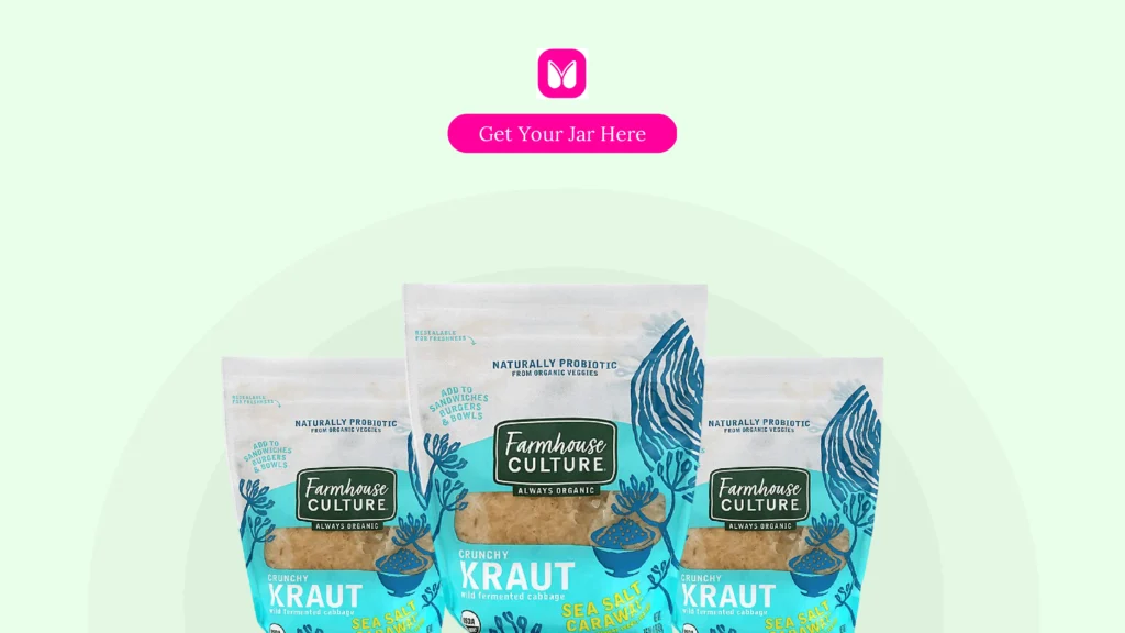 Best Sauerkraut for Gut Health – Farmhouse Culture Crunchy Kraut with Sea Salt and Caraway, a naturally probiotic, organic fermented cabbage product in resealable packaging.