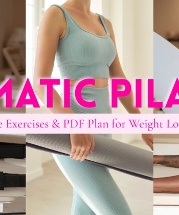 Collage image of women practicing somatic Pilates, showing Pilates reformer equipment, a woman in a blue workout outfit holding a yoga mat, and a woman stretching on a mat—highlighting a guide for beginners on somatic Pilates with free exercises and a downloadable PDF for weight loss and stress relief.