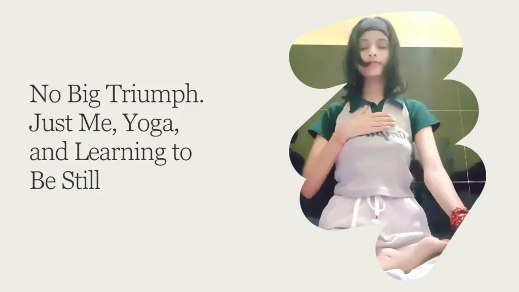 Young woman meditating with hand on heart, eyes closed, practicing yoga and stillness in a peaceful moment