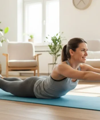 A woman performing a back extension exercise on a yoga mat in a bright living room to strengthen her erector spinae muscles and relieve lower back pain.