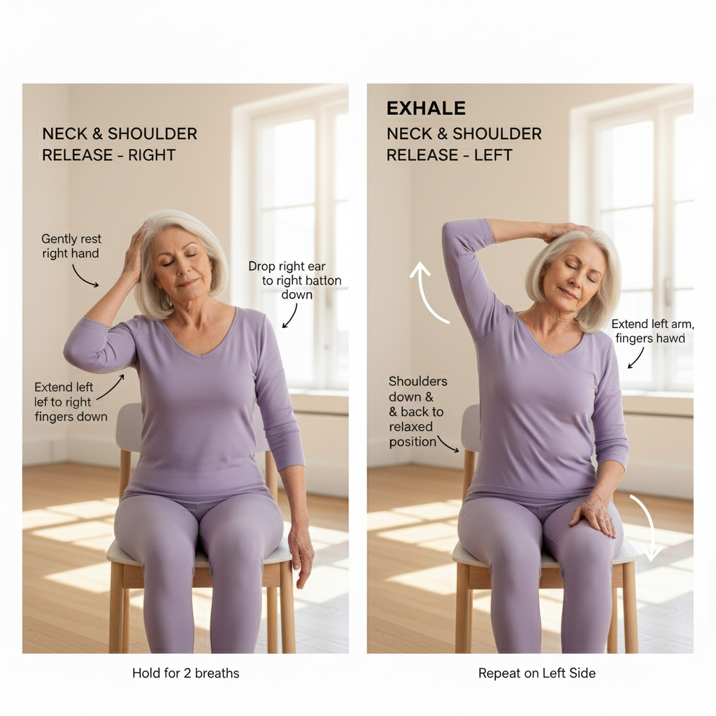 Elderly woman practicing seated neck and shoulder release yoga pose. She drops her right ear toward her right shoulder while gently resting her right hand on her head and extending her left arm down toward the floor to deepen the stretch.