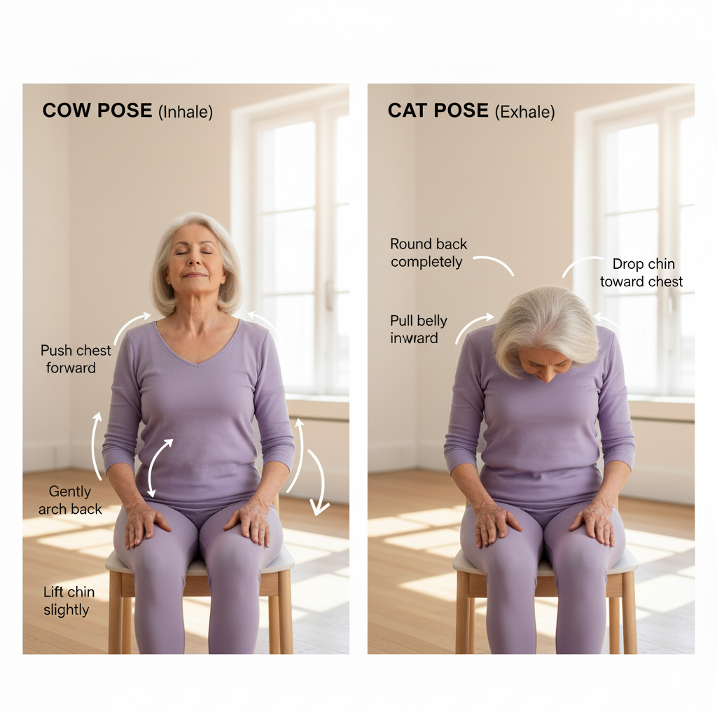 A side-by-side image of an old woman performing seated Cat-Cow poses. On the left (Cow Pose, Inhale), she is gently arching her back, pushing her chest forward, and lifting her chin. On the right (Cat Pose, Exhale), she is rounding her back completely, pulling her belly in, and dropping her chin toward her chest.