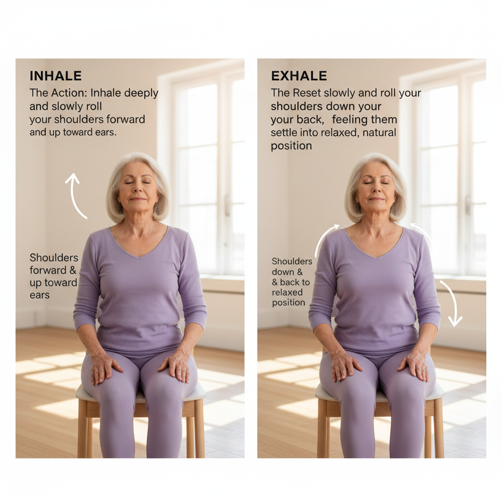 A side-by-side image of an old woman performing seated shoulder rolls. On the left (Inhale), she is rolling her shoulders forward and up toward her ears. On the right (Exhale), she is rolling her shoulders down and back into a relaxed, natural position. Printable Chair Yoga for Seniors.