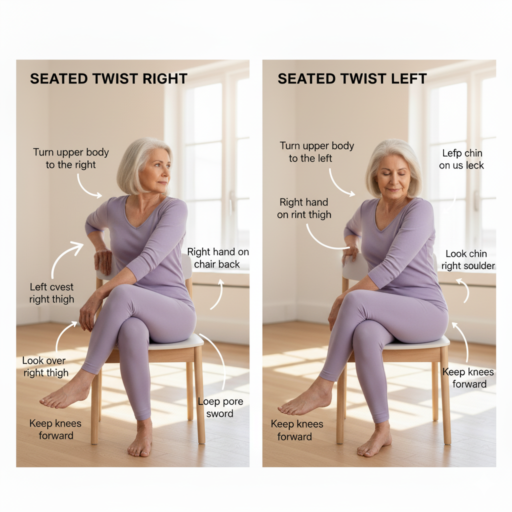 A side-by-side image of an old woman performing seated twists. On the left (Seated Twist Right), she is twisting her upper body to the right, with her right hand on the chair back and her left hand on her right thigh. On the right (Seated Twist Left), she is twisting her upper body to the left, with her left hand on the chair back and her right hand on her left thigh. In both, she is keeping her knees forward.