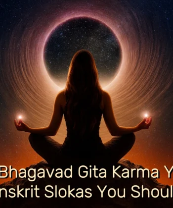 A person meditating in the lotus position on a mountaintop, facing a glowing celestial circle with stars in the background. The text "8 Powerful Bhagavad Gita Karma Yoga Quotes and Sanskrit Slokas You Should Know" is overlaid on the image.
