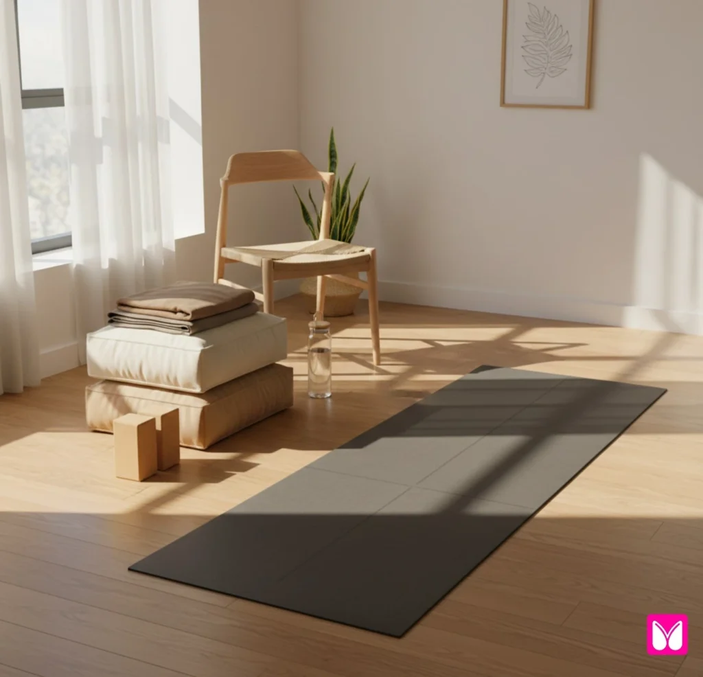 A well-organized home prenatal yoga space