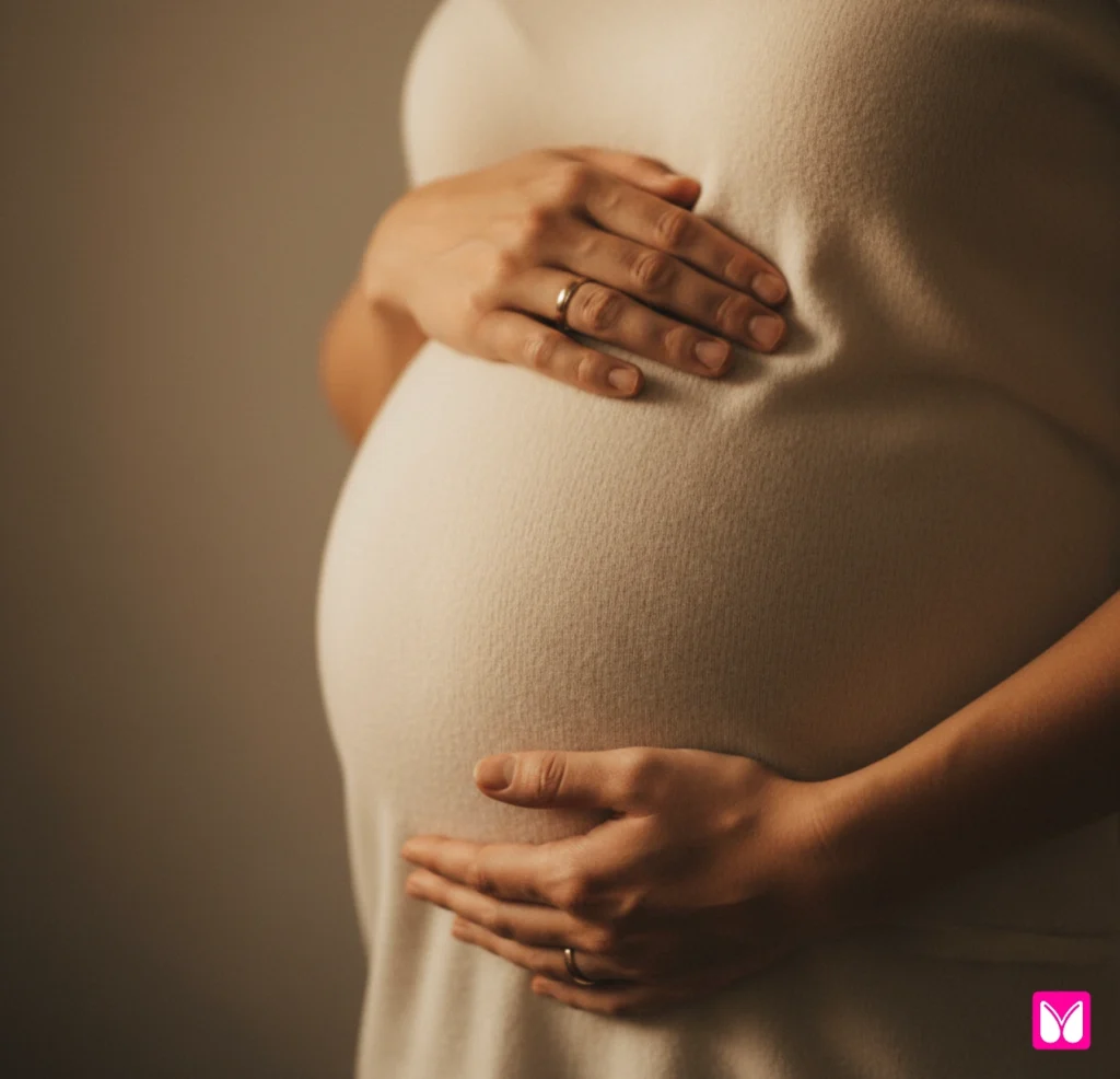 Close-up of a pregnant woman's hands cradling her belly, showing a protective, caring gesture.