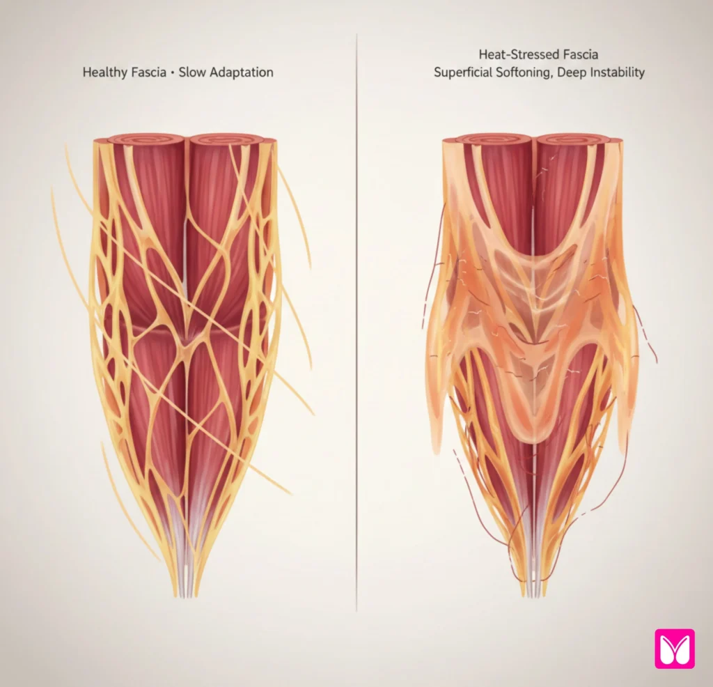 Fascia anatomy showing connective tissue layers and how hot yoga creates surface mobility without deep structural support