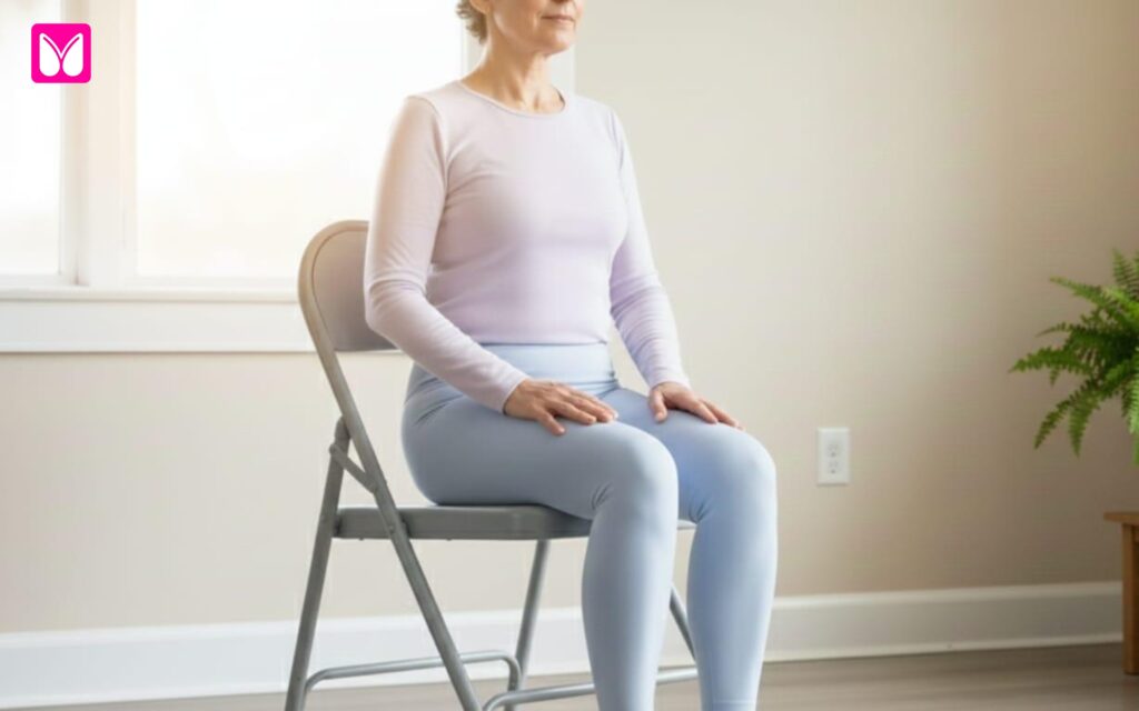 A woman in light lavender and blue activewear sits tall and relaxed on a gray folding chair. Her hands rest gently on her knees or thighs, and her feet are flat on the floor, demonstrating the foundational Seated Mountain Pose (Tadasana) for a Free 28-Day Chair Yoga for Seniors program.