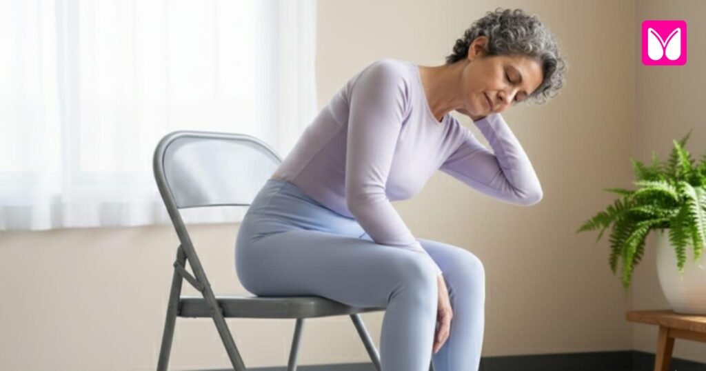 A woman with short gray hair, wearing light purple and blue activewear, sits in a chair and performs a gentle seated side bend and neck stretch. She leans her torso slightly to the side and brings her hand up to the back of her neck or head, demonstrating a safe movement from a Free 28-Day Chair Yoga for Seniors routine.