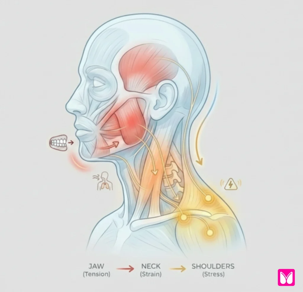 Jaw neck shoulder tension pattern diagram showing fascial connections in chronic stress and nervous system dysregulation