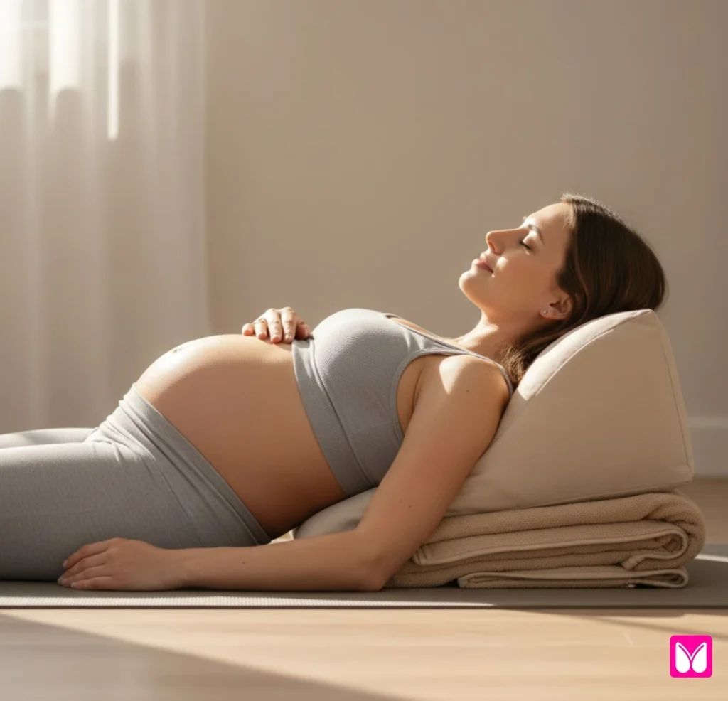 Pregnant woman (second trimester, visible bump) lying on her back with upper body elevated on a wedge pillow or several folded blankets.