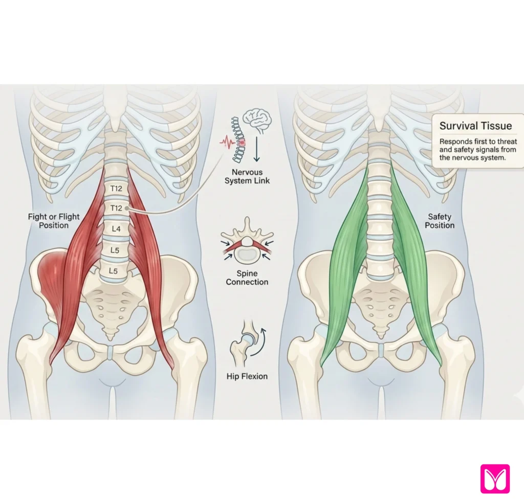 Psoas muscle anatomy showing location and connection to nervous system fight-flight response in trauma-informed yoga