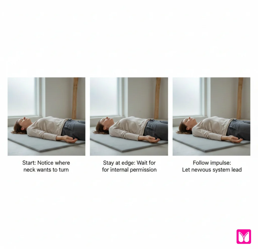 Somatic neck release exercise showing trauma-informed gentle movement for vagus nerve regulation and nervous system healing