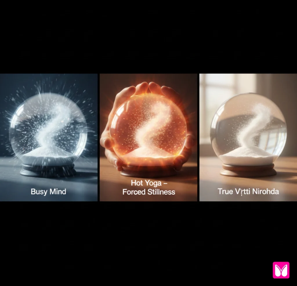 Visual metaphor showing mental fluctuations as snow globe - comparing hot yoga's forced stillness versus authentic meditation