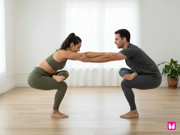 Standing figure 4 partner yoga pose for two improving balance