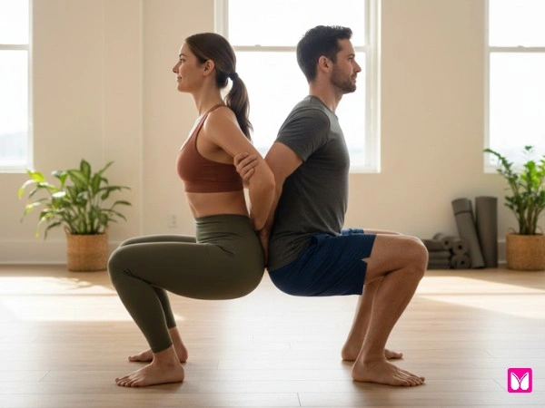 Back to back chair pose partner yoga for two Utkatasana
