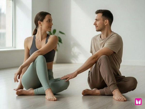 Partner seated twist yoga pose for two (Ardha Matsyendrasana)
