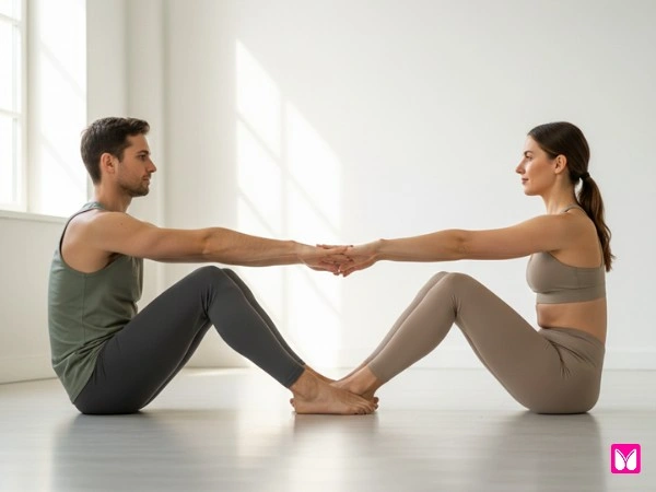 Partner boat pose yoga for two Navasana core strength