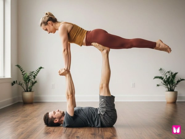 Front bird partner yoga pose for two classic flyer
