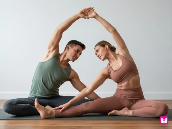 Revolved head to knee partner yoga pose for two side bending stretch