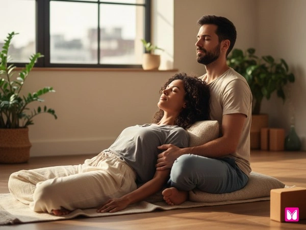 Partner supported reclined yoga pose for two restorative relaxation