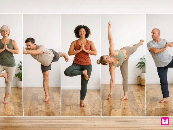 Collage of standing balance yoga poses for two showing variety
