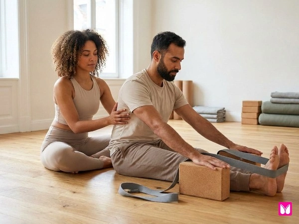 Partner assisted seated forward fold yoga pose for two using blocks