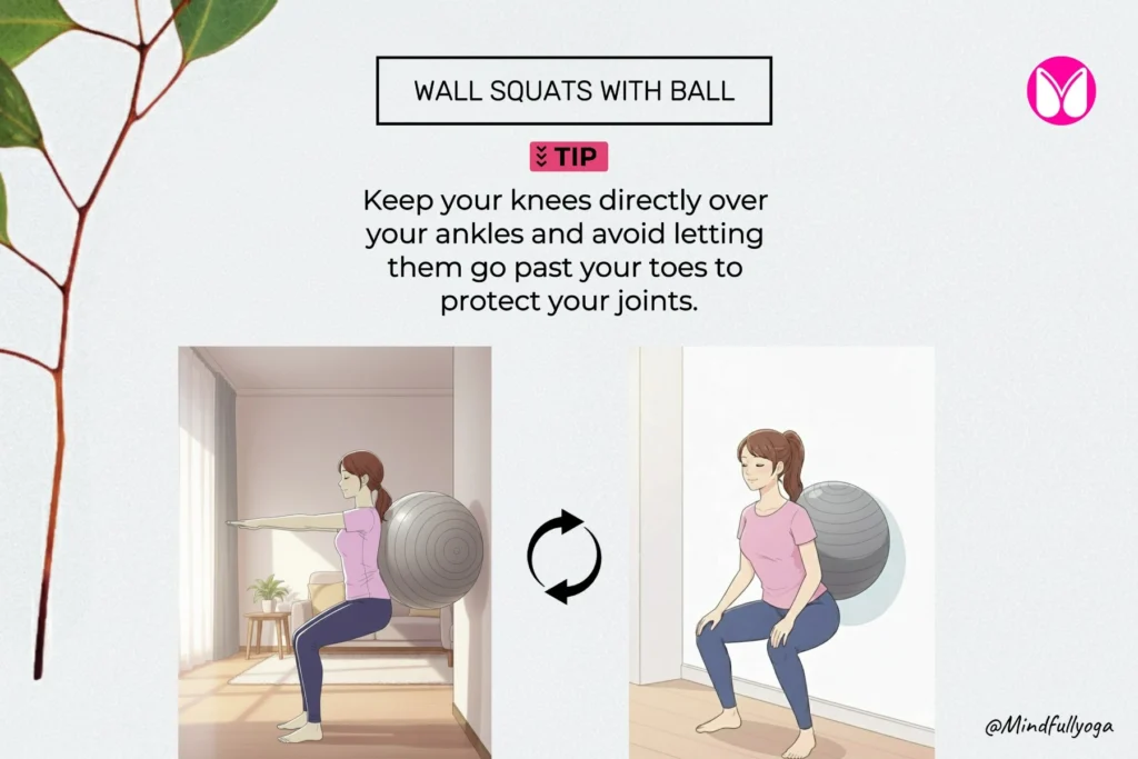 Woman doing wall squats with an exercise ball between her lower back and the wall