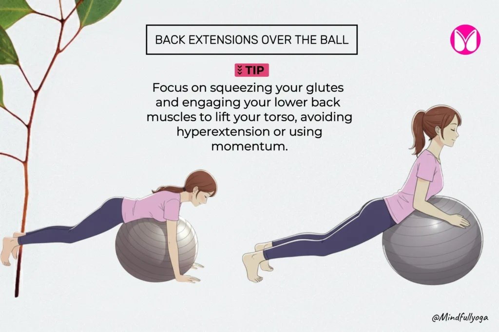 Person performing back extensions over a stability ball, lifting the upper body to strengthen the lower back muscles.