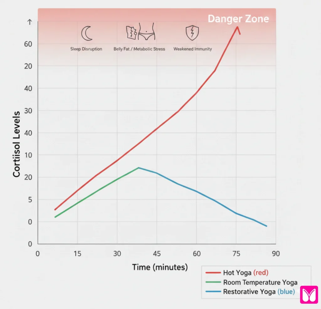 Cortisol elevation comparison graph showing hot yoga stress response versus calming effects of traditional yoga practice