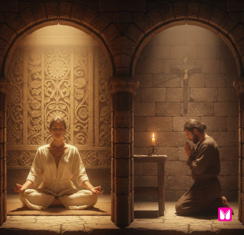 is yoga demonic, Meditative figure practicing classical yoga for mental clarity, not worship.”