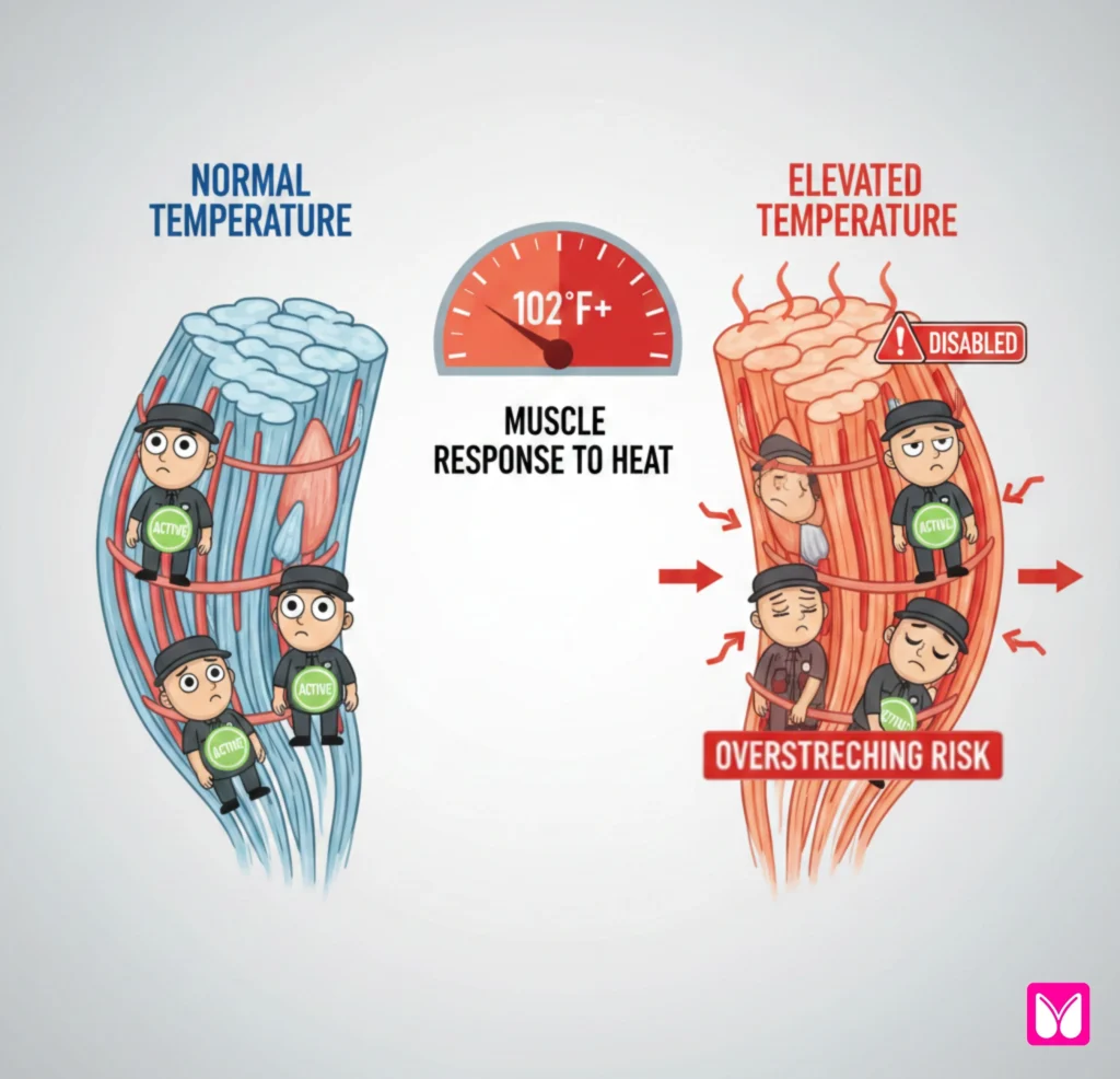 Diagram showing how heat disables muscle spindle protection leading to overstretching and injury risk in hot yoga