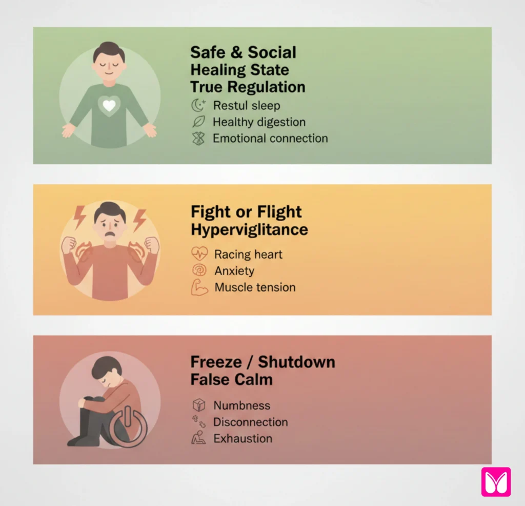 Nervous system states diagram showing ventral vagal safety, sympathetic fight-flight, and dorsal vagal shutdown in somatic yoga practice