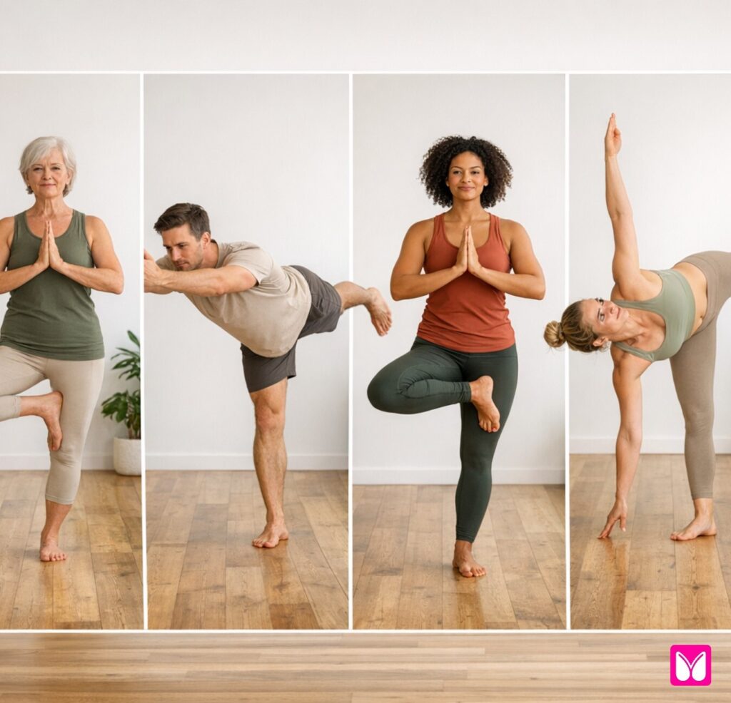 A collection/collage of 4-6 standing balance poses showing variety