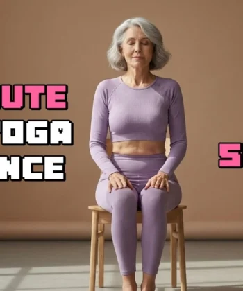 Senior woman practicing a 45-minute chair yoga sequence for seniors, seated on a chair with calm posture