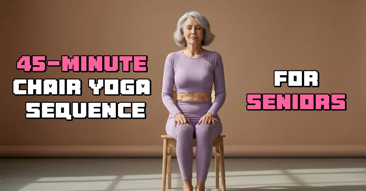 Senior woman practicing a 45-minute chair yoga sequence for seniors, seated on a chair with calm posture