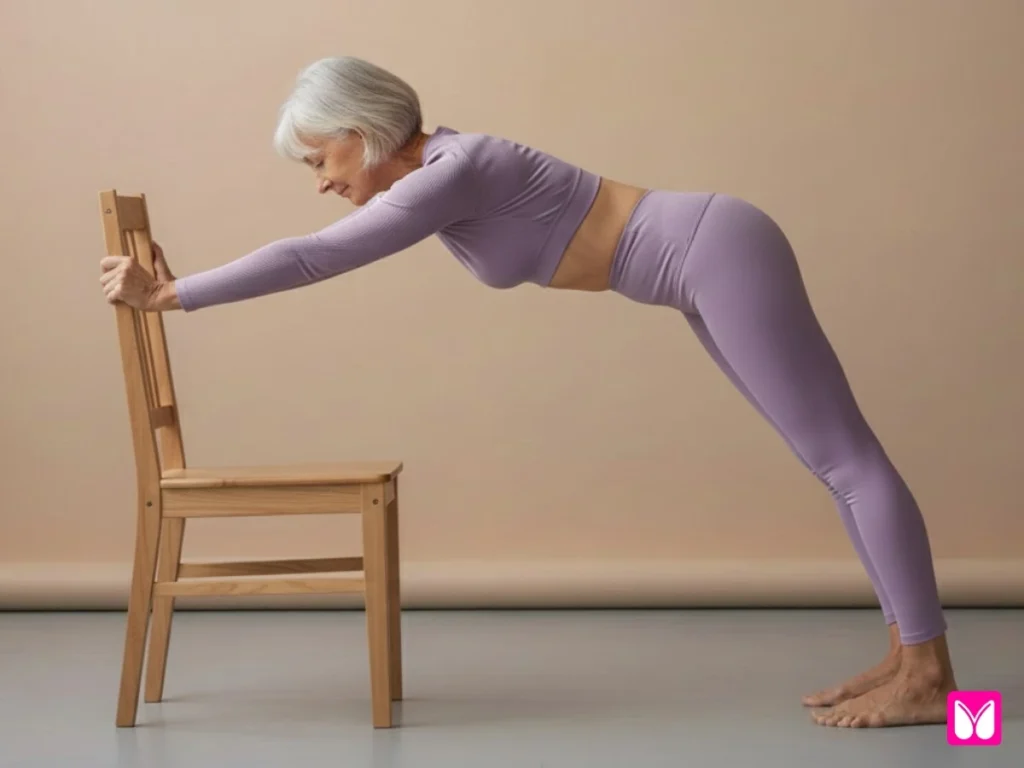 Chair-assisted balance exercise for seniors using a sturdy chair for support