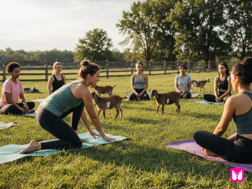 Instructor demonstrating proper setup - visible safety briefing with small group, goats in background, outdoor farm setting, professional but warm atmosphere