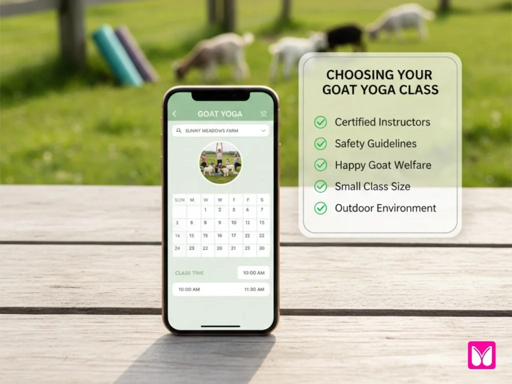 Screenshot-style graphic showing a phone with a goat yoga booking page and checklist overlay - visual guide for what to verify before booking