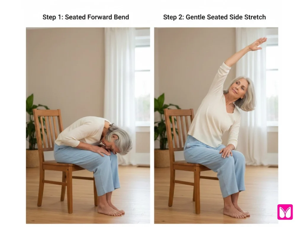 Senior woman performing seated chair yoga stretches at home
