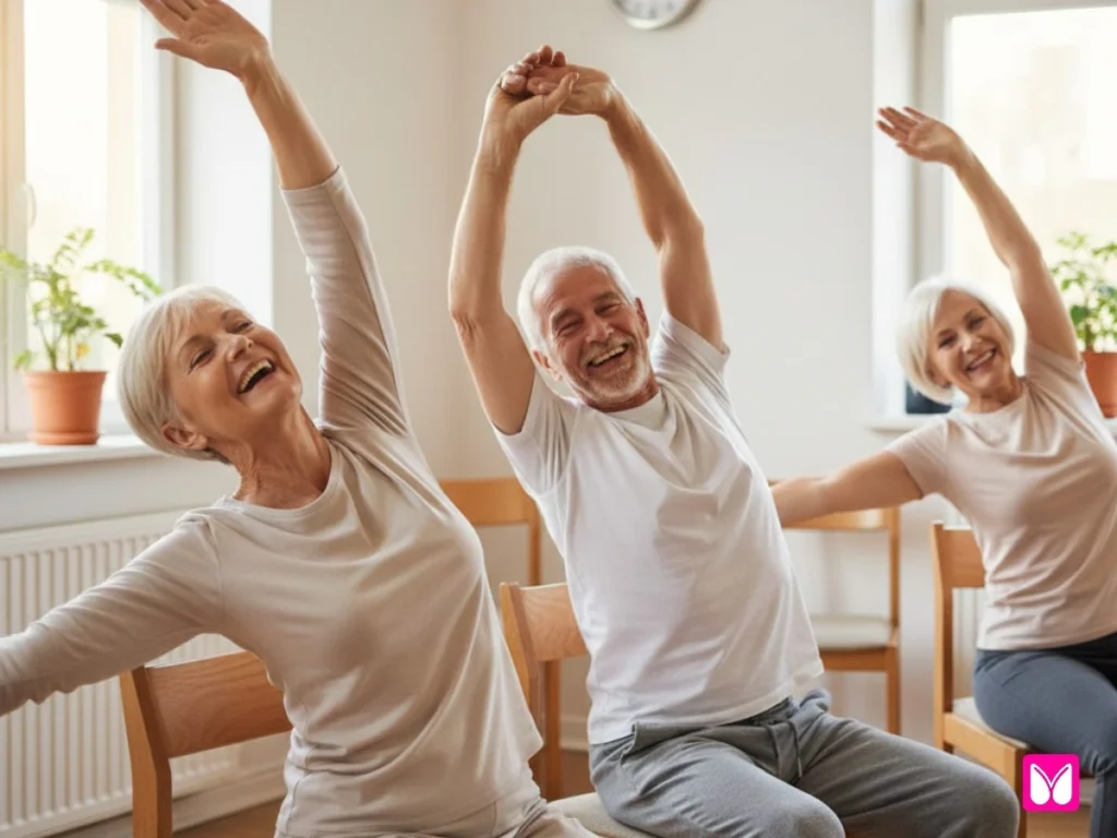 Happy seniors doing chair yoga together and staying active
