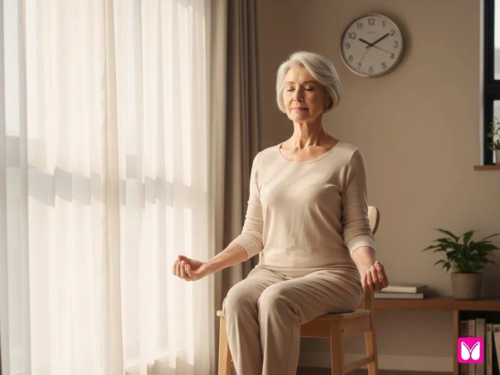 Senior doing chair yoga as part of a daily wellness routine
