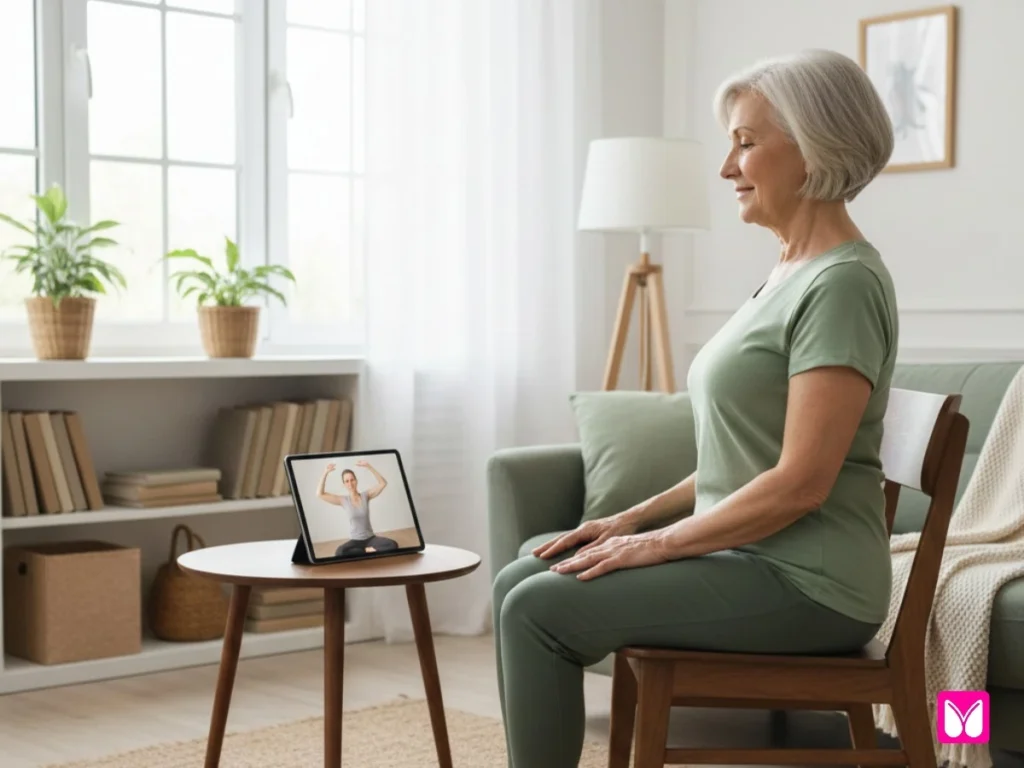 Gentle Chair Yoga for Seniors following a chair yoga program on a tablet at home