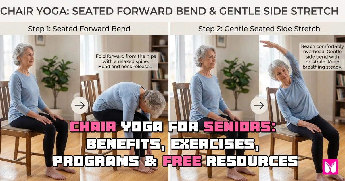 Senior woman practicing gentle chair yoga at home
