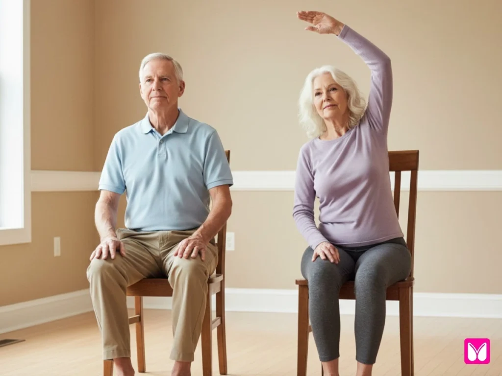 Older adults practicing simple chair yoga poses while seated