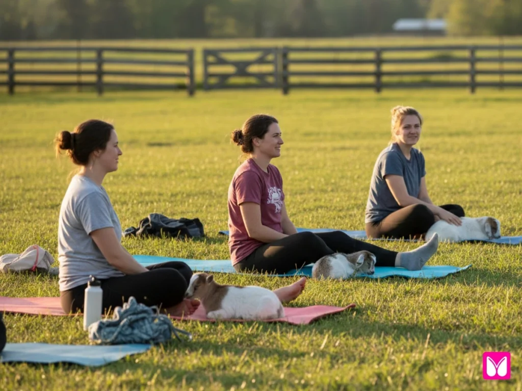 Wide, peaceful shot of post-class scene - a few people sitting on mats in relaxed poses, baby goats resting near them, golden hour sunlight, sense of contentment and calm, real moment not staged