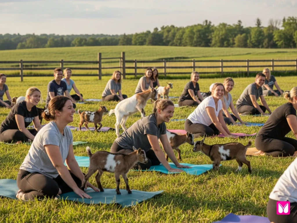 15-20 people on mats in gentle poses with 8-10 baby goats wandering between them, natural sunlight, candid smiles, no posed/staged feeling